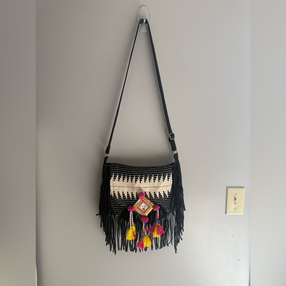 Angie Canvas Faux Leather Fringe Tassel Cross Body Purse Bag Tribal Aztec Boho